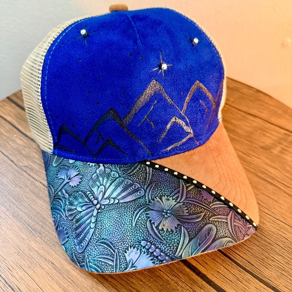 Hand Burned Custom Trucker Hat with Butterly Tooled Leather - Picture 1 of 3